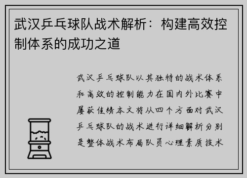 武汉乒乓球队战术解析：构建高效控制体系的成功之道