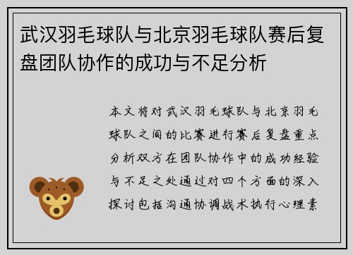 武汉羽毛球队与北京羽毛球队赛后复盘团队协作的成功与不足分析